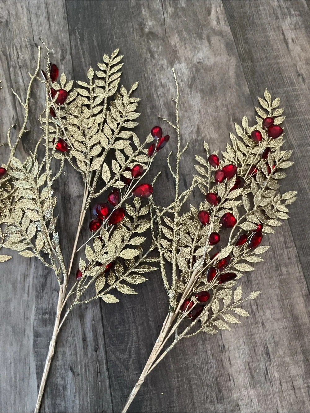 Gold and Red Holiday Berry Spray - Decorative Festive Picks